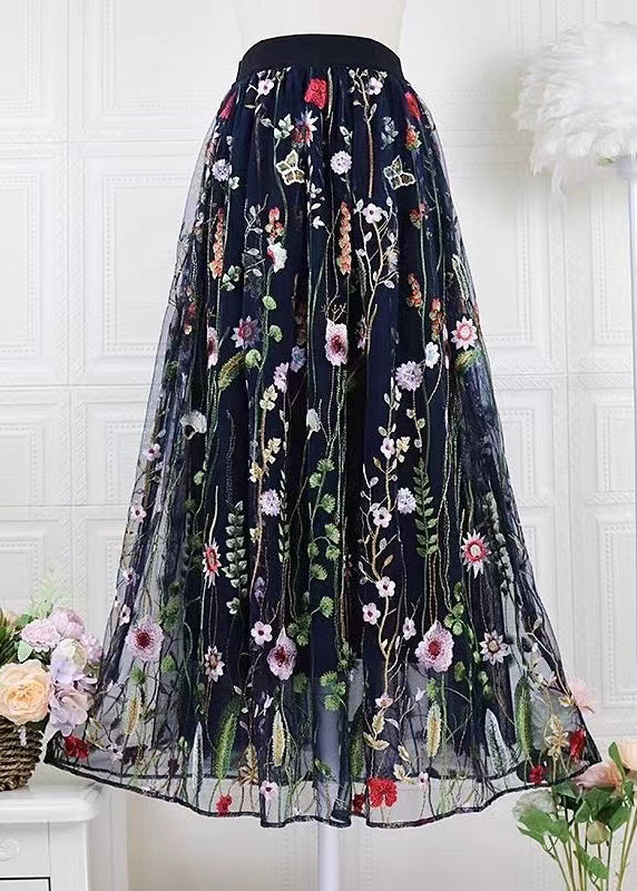 Women Black Embroidered High Waist Tulle Skirts Spring