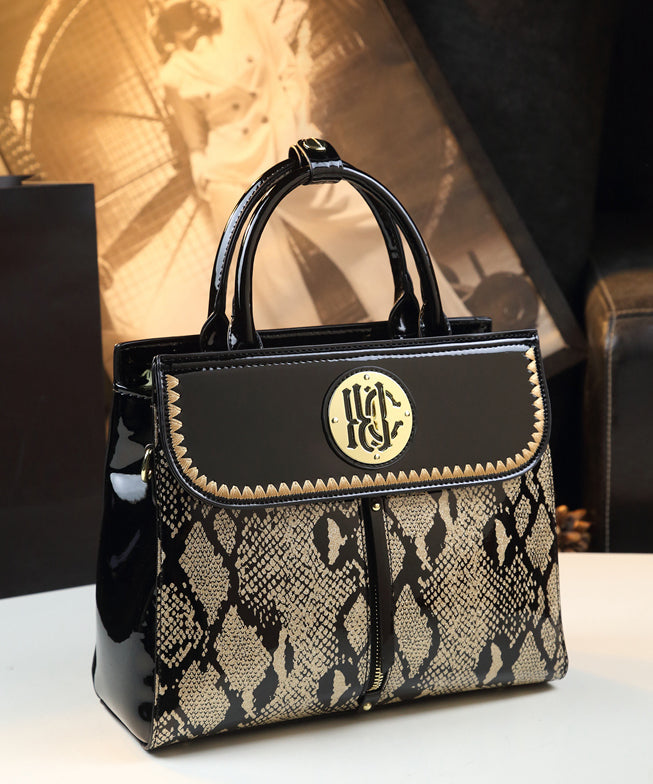 Women Black Embroideried Large Capacity Calf Leather Tote Handbag