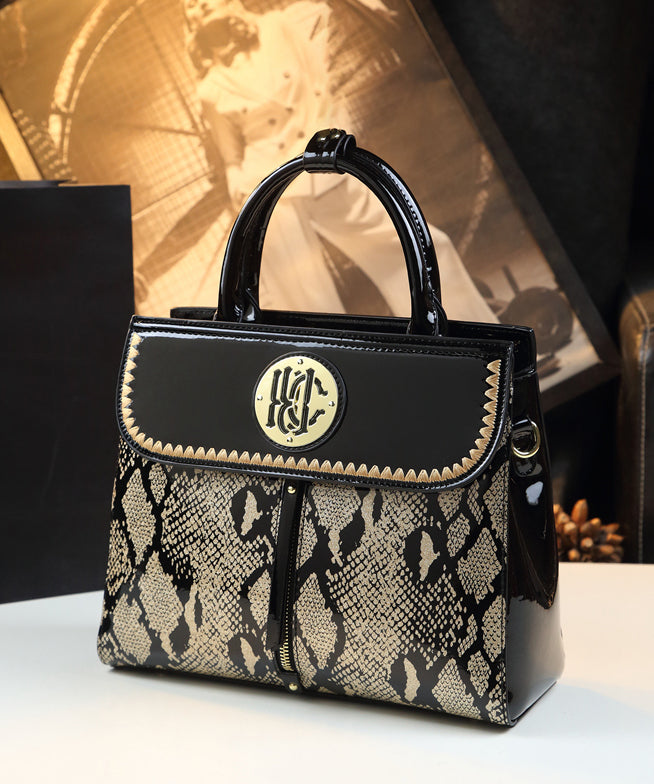 Women Black Embroideried Large Capacity Calf Leather Tote Handbag