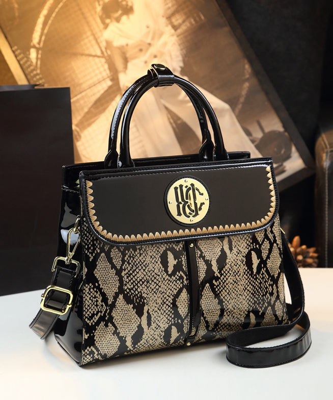 Women Black Embroideried Large Capacity Calf Leather Tote Handbag