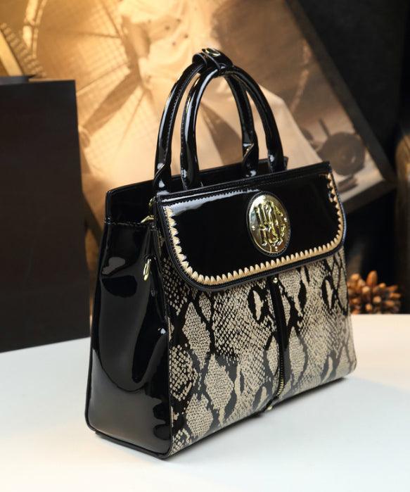 Women Black Embroideried Large Capacity Calf Leather Tote Handbag