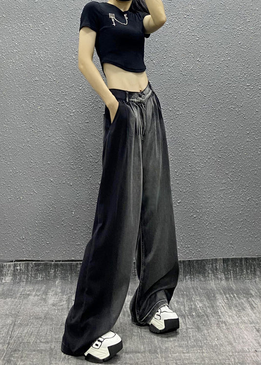 Women Black Grey Pockets Patchwork Denim Wide Leg Pants Spring