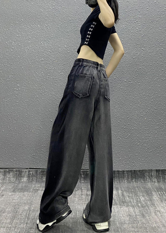 Women Black Grey Pockets Patchwork Denim Wide Leg Pants Spring