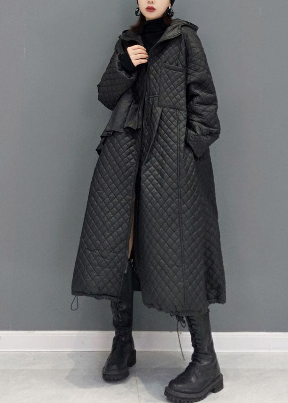 Women Black Hooded Pockets Fine Cotton Filled Witner Coat Winter