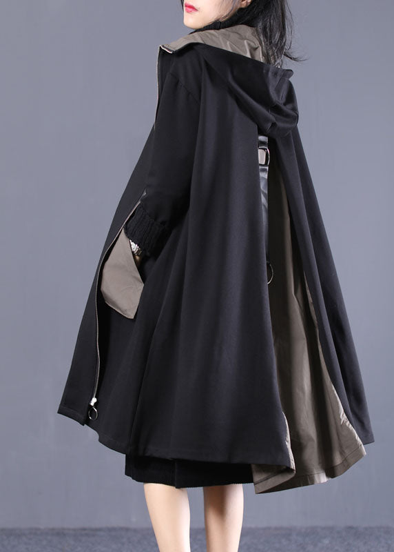 Women Black Hooded Zip Up Pockets Patchwork Cotton Trench Coats Outwear Fall