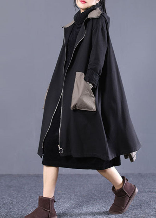 Women Black Hooded Zip Up Pockets Patchwork Cotton Trench Coats Outwear Fall