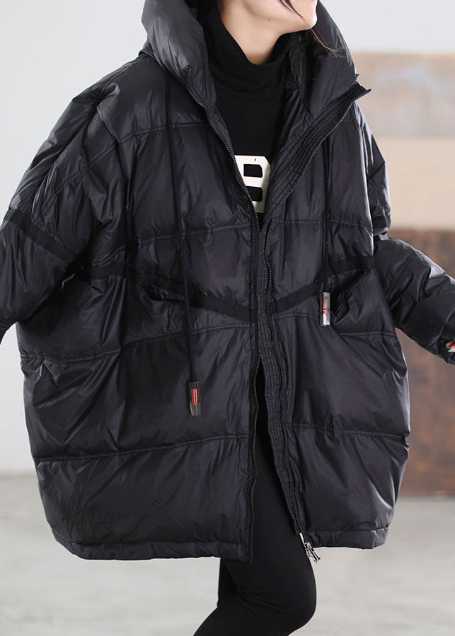 Women Black Hooded drawstring Duck Down Jacket Winter