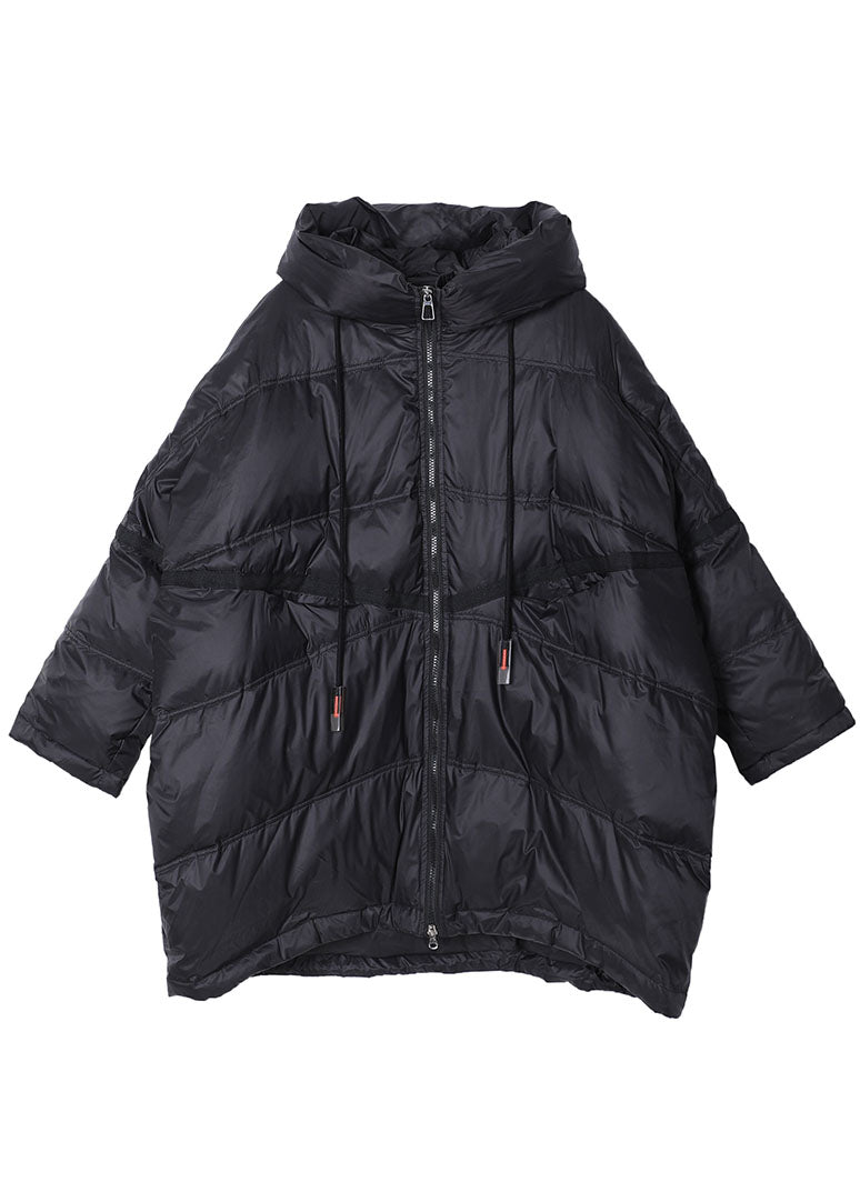 Women Black Hooded drawstring Duck Down Jacket Winter