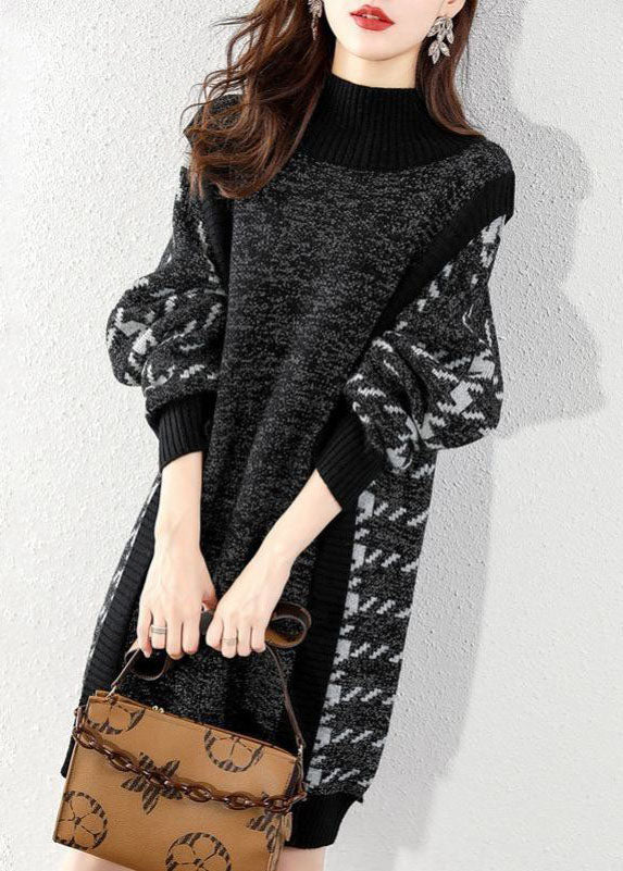 Women Black O-Neck Patchwork Knit Sweater Dress Winter