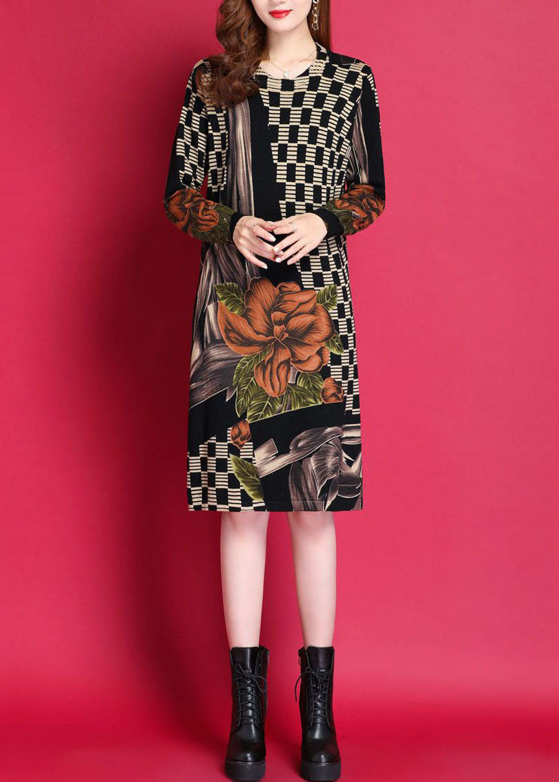 Women Black O-Neck Print Woolen Knitwear Dress Fall