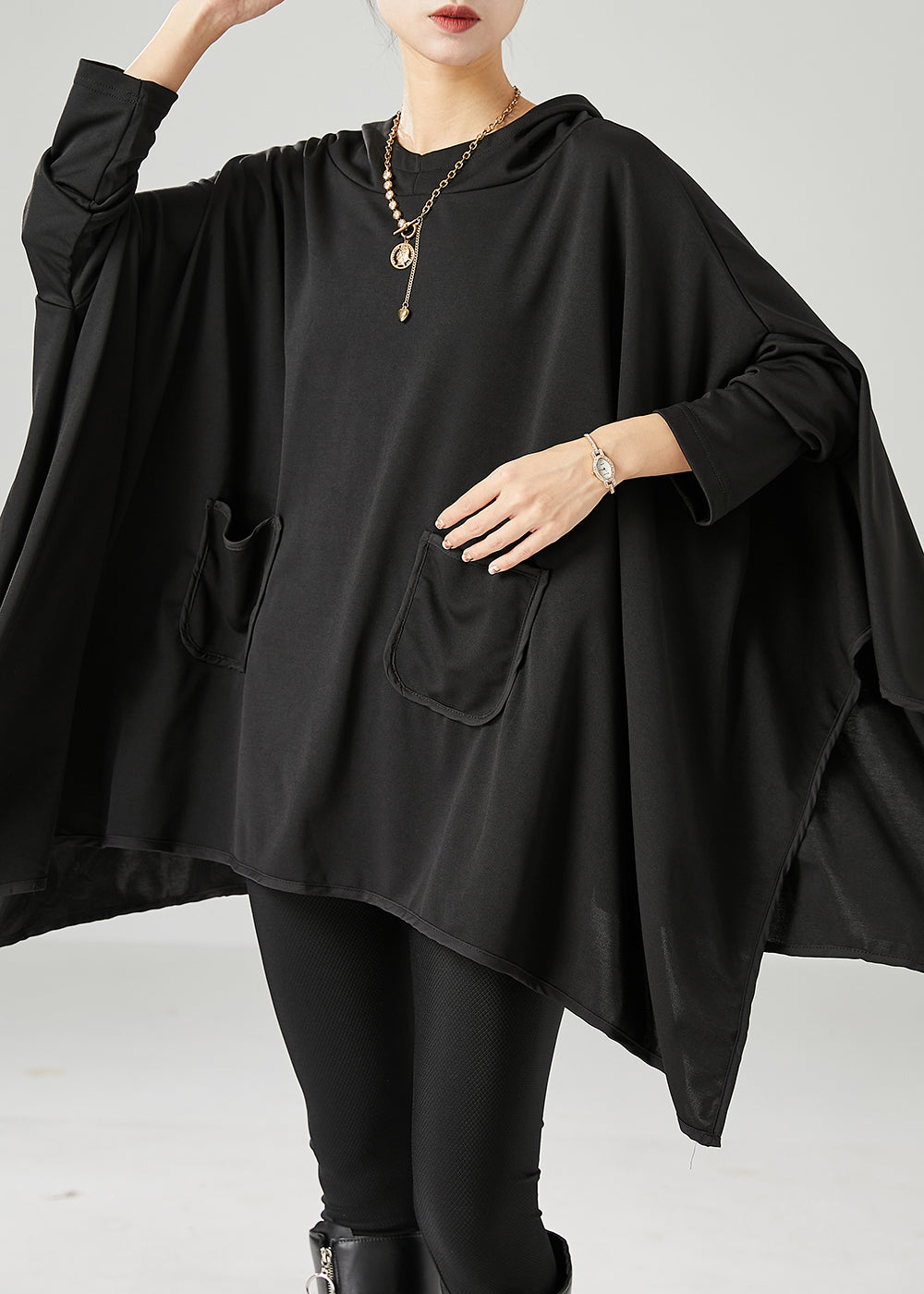 Women Black Oversized Asymmetrical Cotton Pullover Streetwear Fall