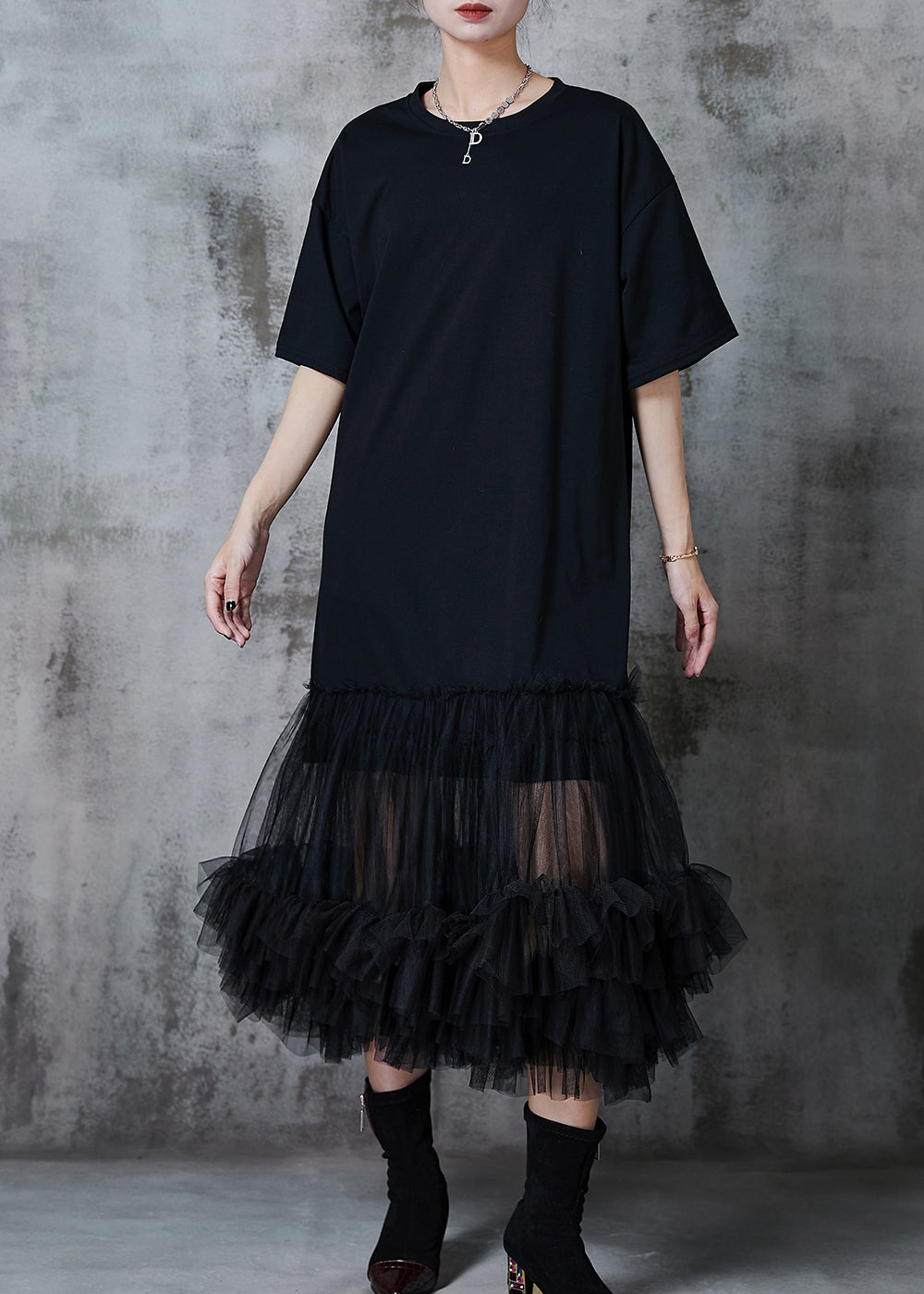 Women Black Oversized Patchwork Cotton Party Dress Summer