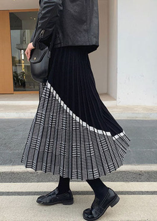 Women Black Patchwork Plaid Knit Skirts Winter