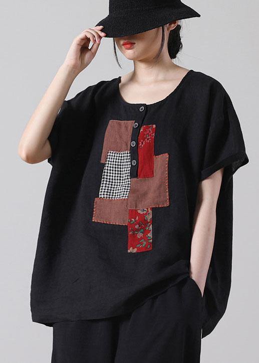 Women Black Patchwork Shirt Short Sleeve Cotton Linen