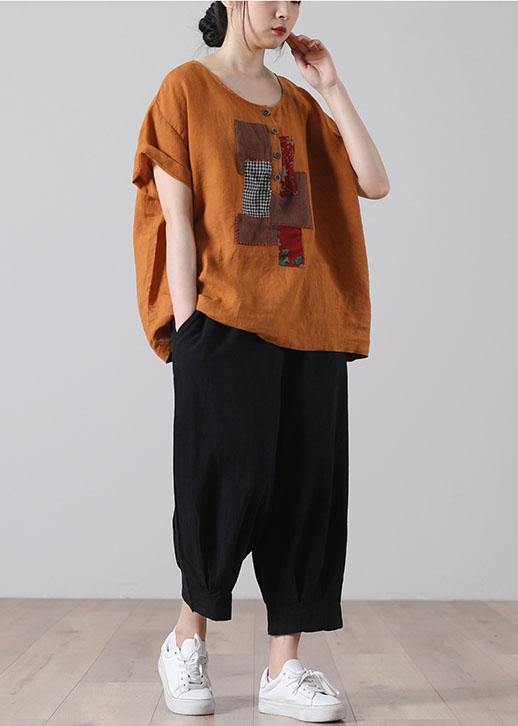 Women Black Patchwork Shirt Short Sleeve Cotton Linen