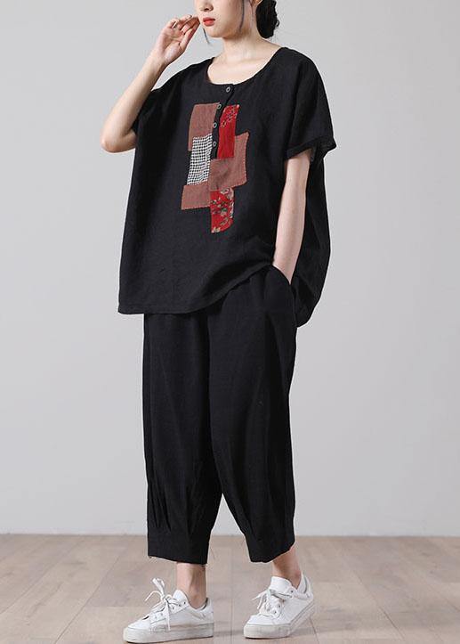 Women Black Patchwork Shirt Short Sleeve Cotton Linen