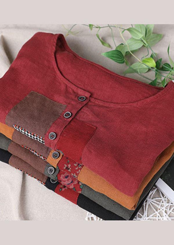 Women Black Patchwork Shirt Short Sleeve Cotton Linen