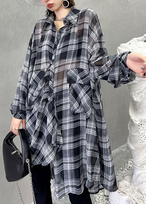 Women Black Plaid Summer Asymmetrical Long sleeve Chiffon shirt