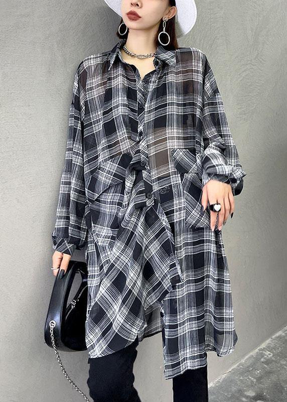 Women Black Plaid Summer Asymmetrical Long sleeve Chiffon shirt