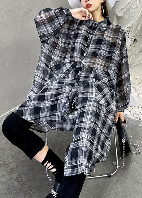 Women Black Plaid Summer Asymmetrical Long sleeve Chiffon shirt