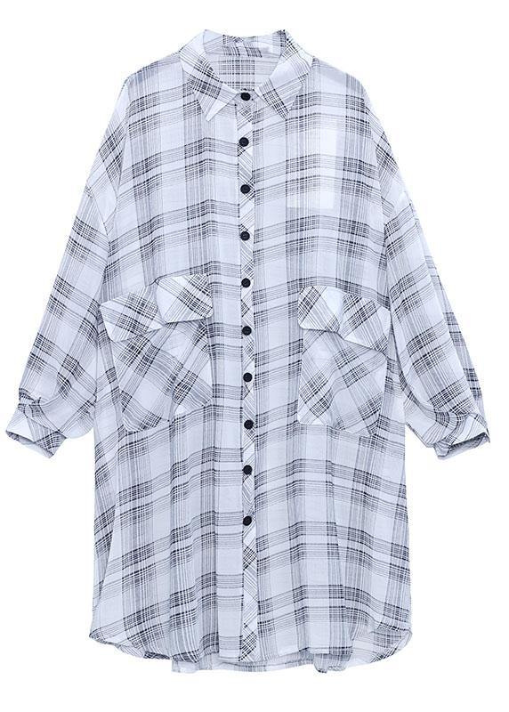 Women Black Plaid Summer Asymmetrical Long sleeve Chiffon shirt