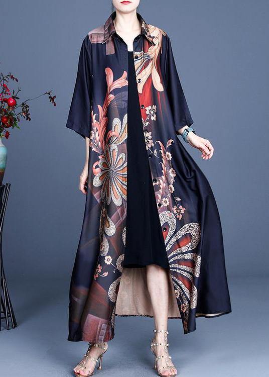 Women Black Print Button Silk Cardigan Long