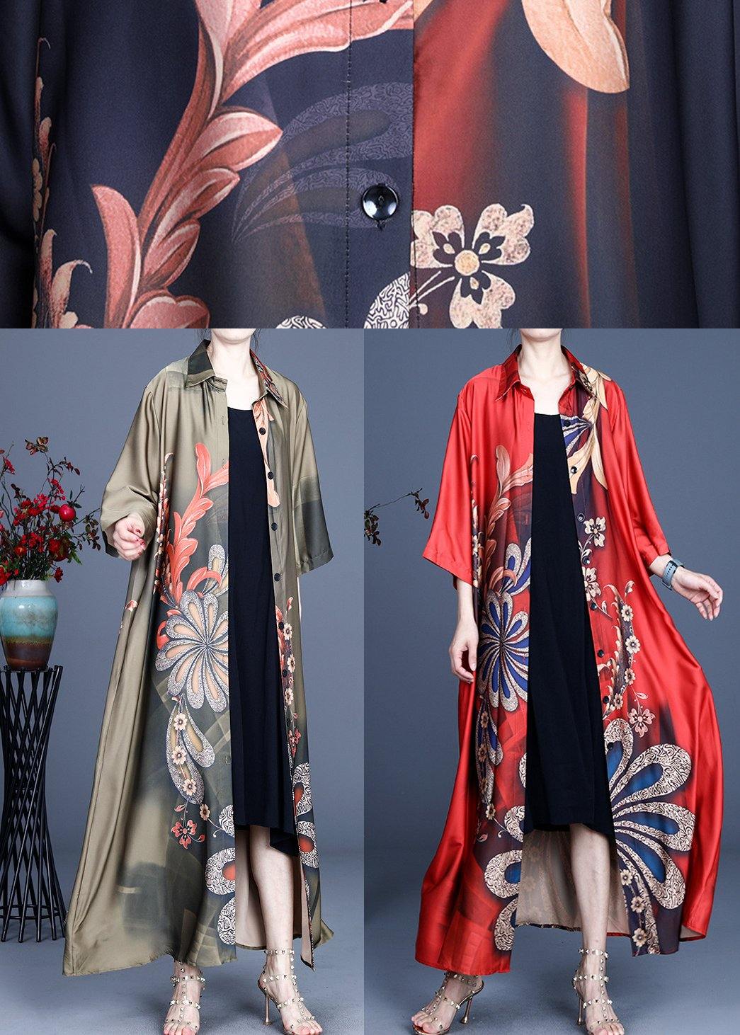 Women Black Print Button Silk Cardigan Long