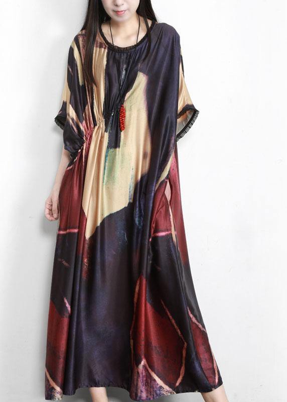 Women Black Print Silk Party Dress Batwing Sleeve