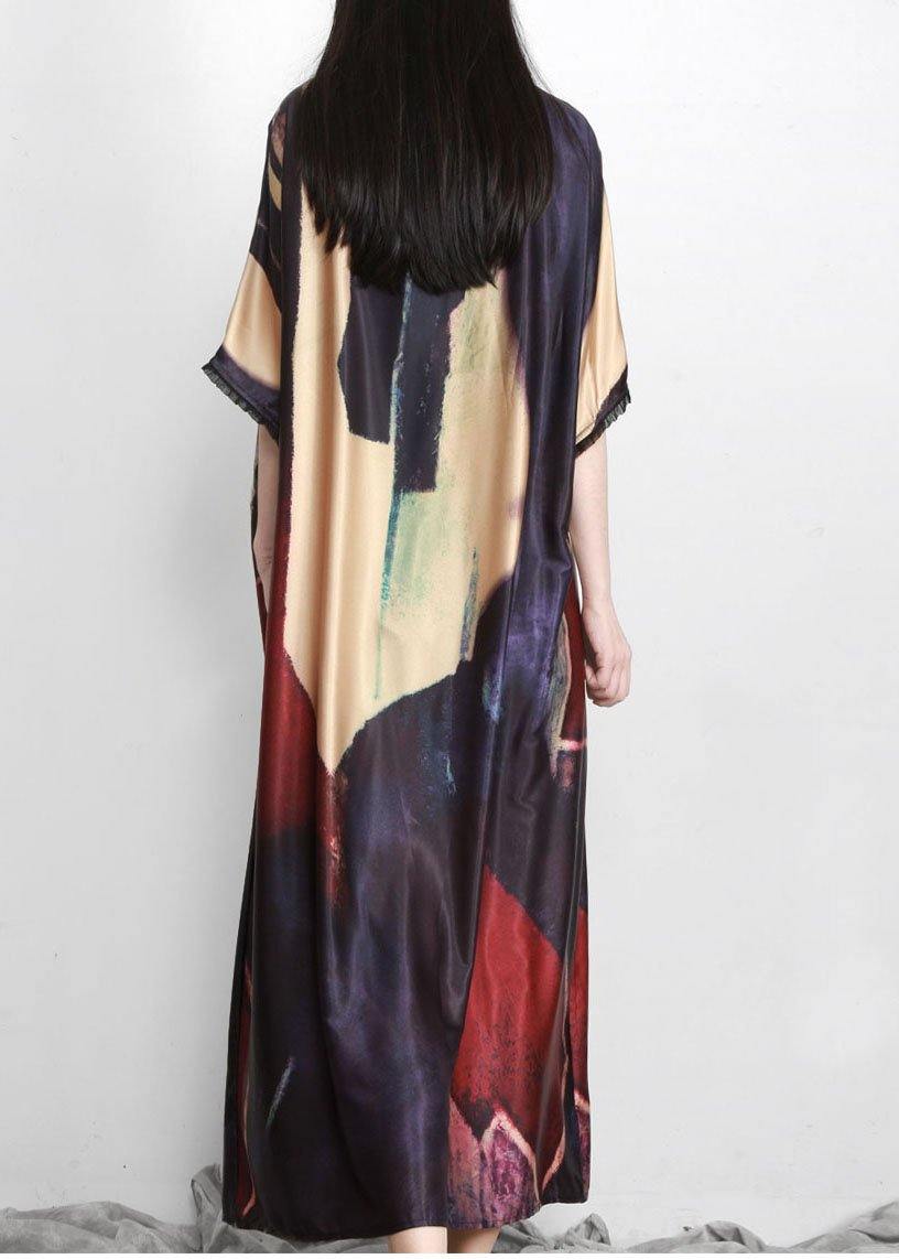 Women Black Print Silk Party Dress Batwing Sleeve