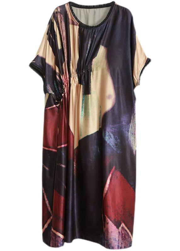 Women Black Print Silk Party Dress Batwing Sleeve