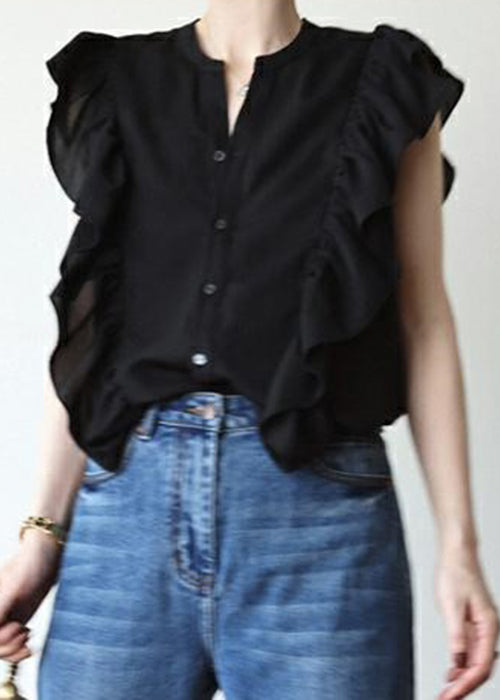 Women Black Ruffled Solid Button Silk Vest Sleeveless