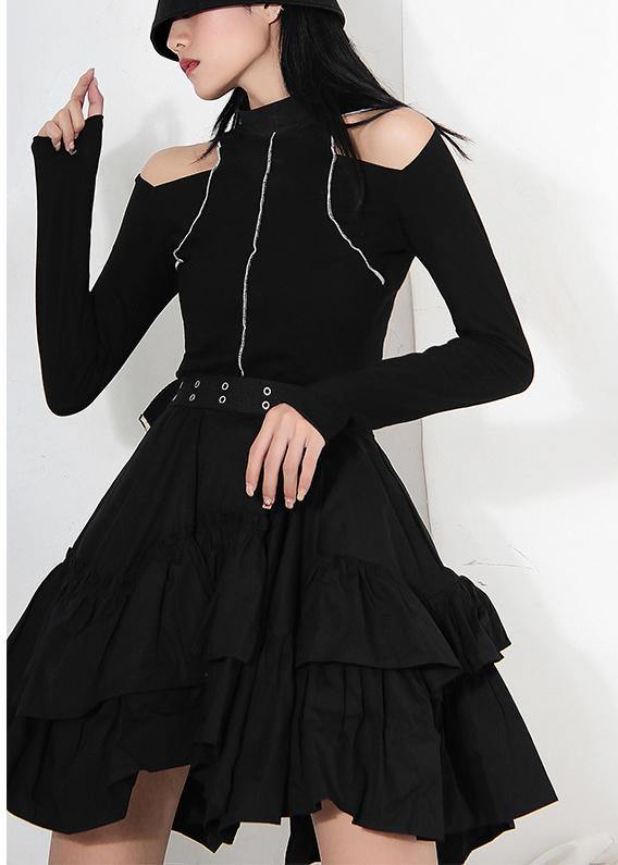 Women Black Ruffles Button Summer Skirts