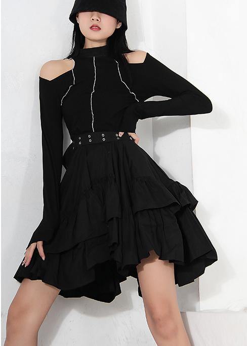 Women Black Ruffles Button Summer Skirts