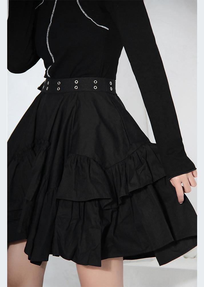 Women Black Ruffles Button Summer Skirts