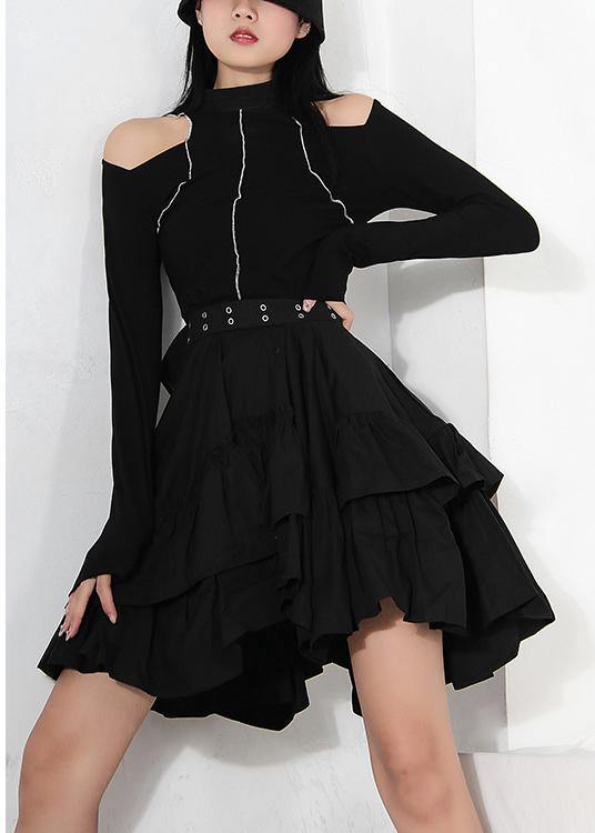 Women Black Ruffles Button Summer Skirts