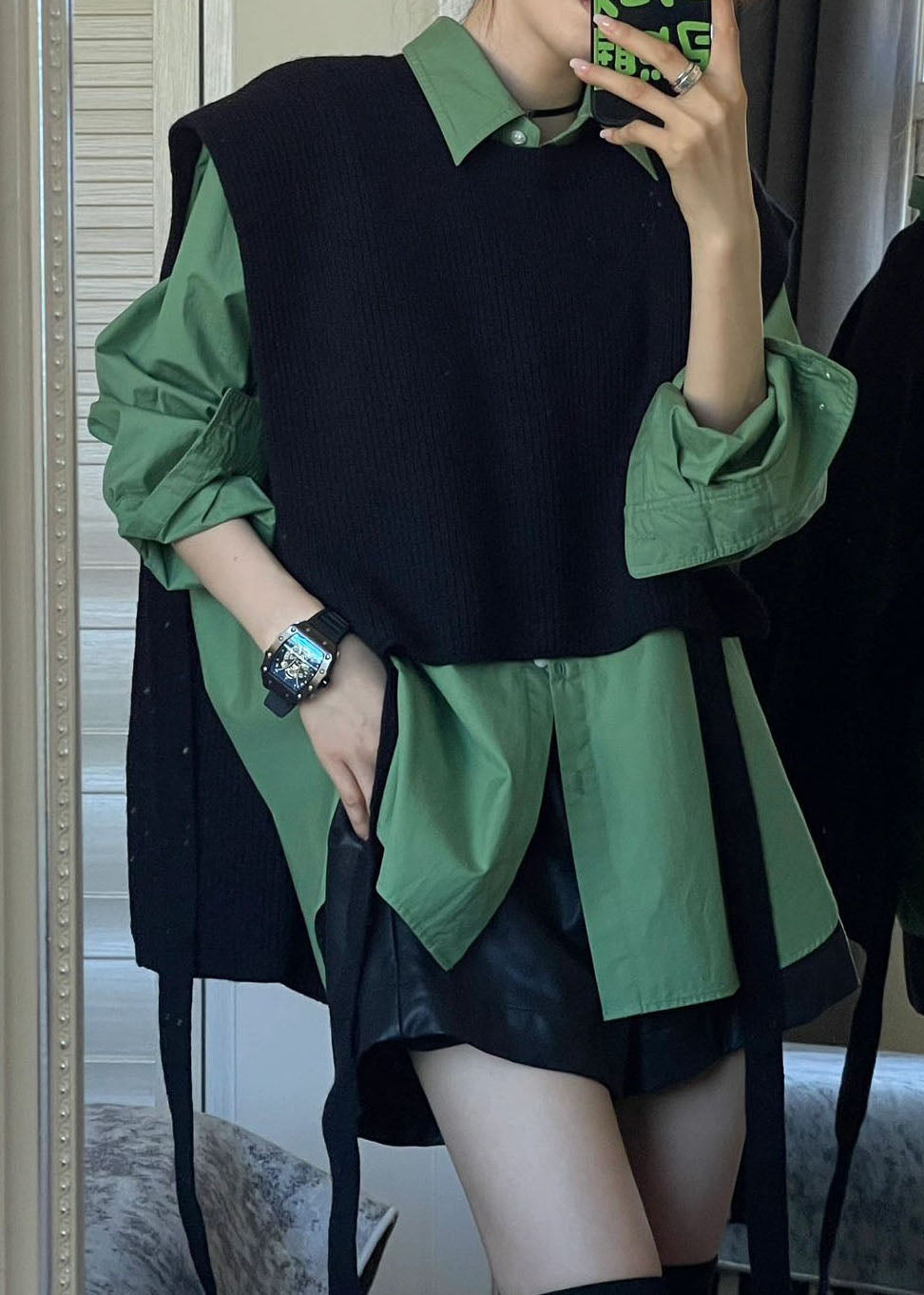 Women Black Shawl Knit Green Shirts Two Pieces Set Long Sleeve