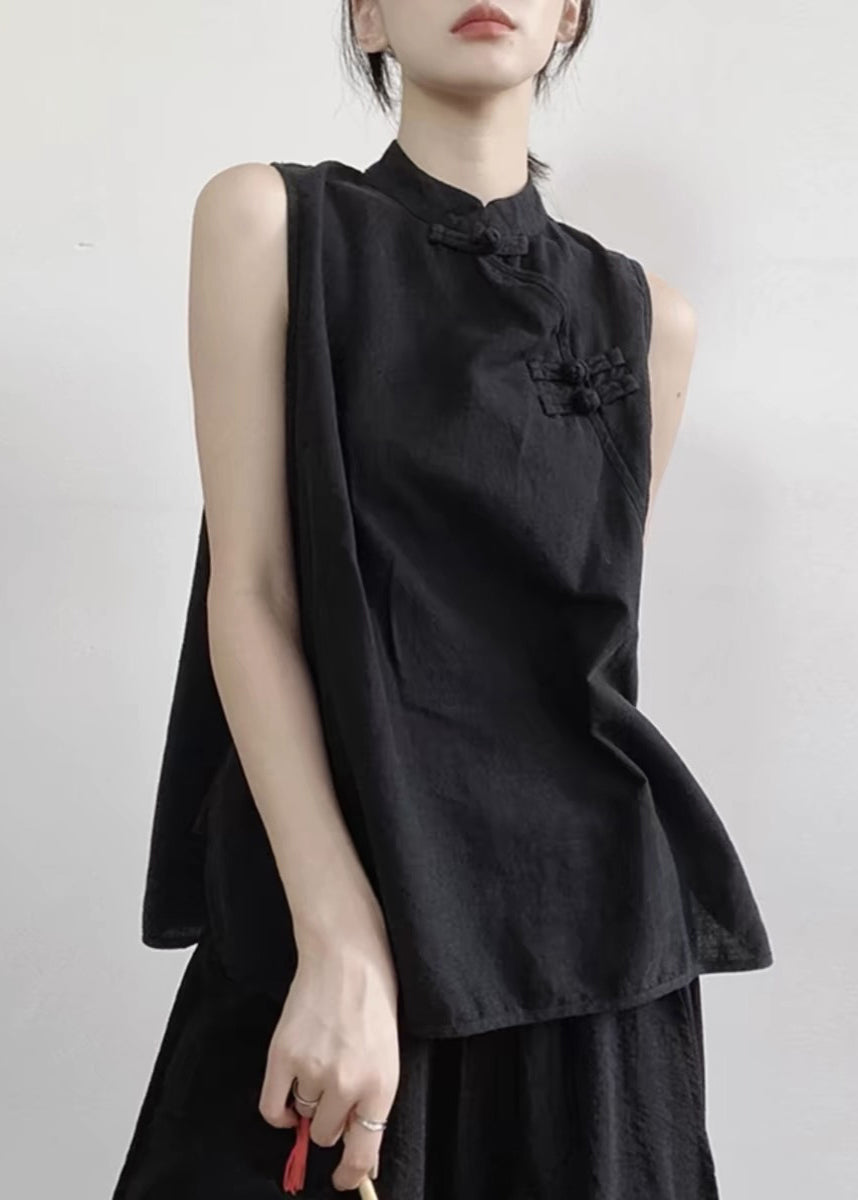 Women Black Stand Collar Button Cotton Vest Sleeveless