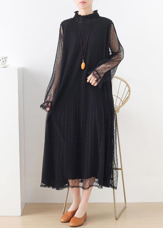 Women Black Stand Long sleeve Ankle Summer Chiffon Dress