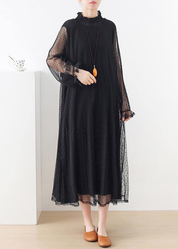 Women Black Stand Long sleeve Ankle Summer Chiffon Dress