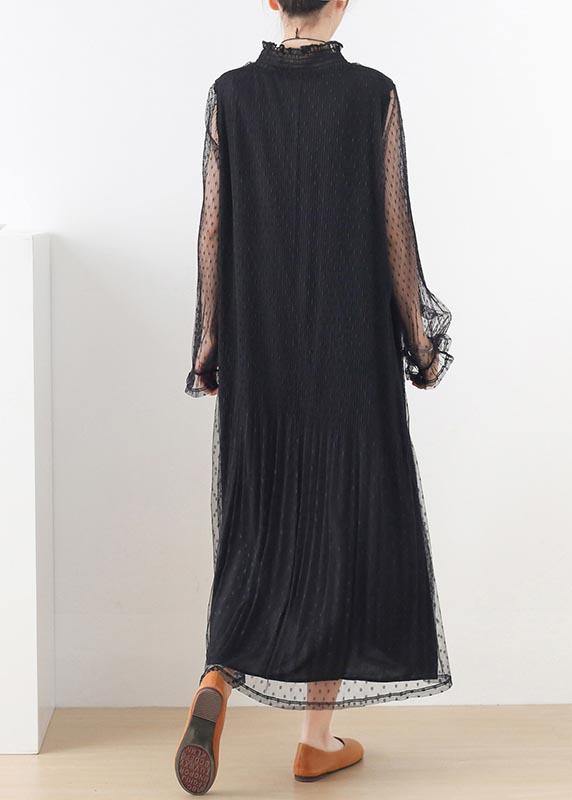 Women Black Stand Long sleeve Ankle Summer Chiffon Dress