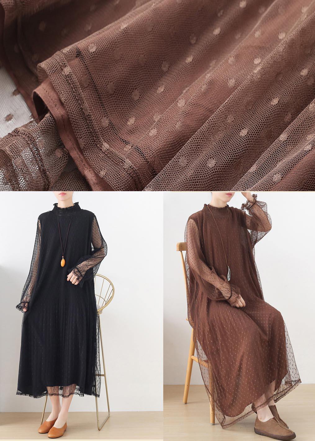 Women Black Stand Long sleeve Ankle Summer Chiffon Dress