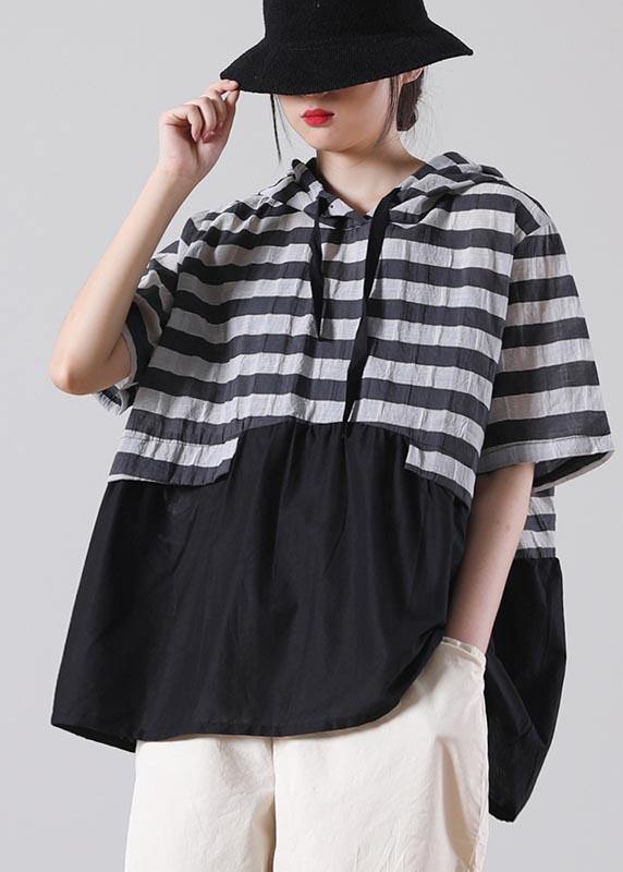 Women Black Striped Patchwork Cotton Linen Blouses Summer