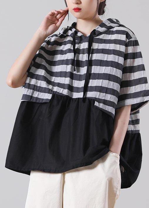 Women Black Striped Patchwork Cotton Linen Blouses Summer