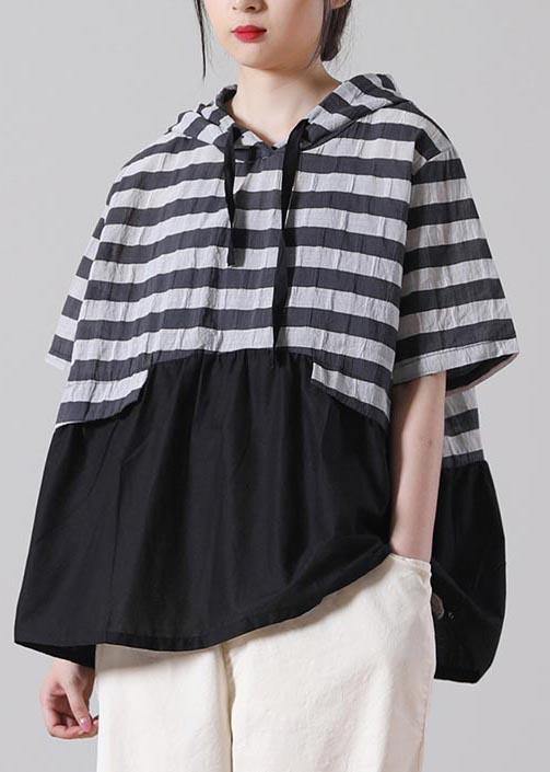 Women Black Striped Patchwork Cotton Linen Blouses Summer