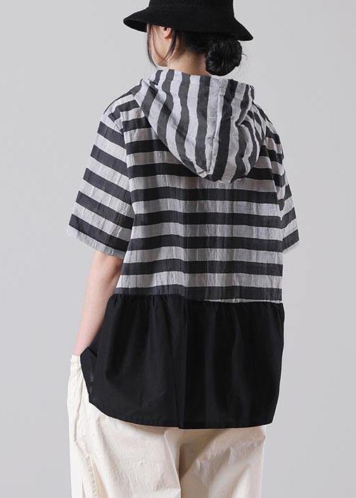 Women Black Striped Patchwork Cotton Linen Blouses Summer