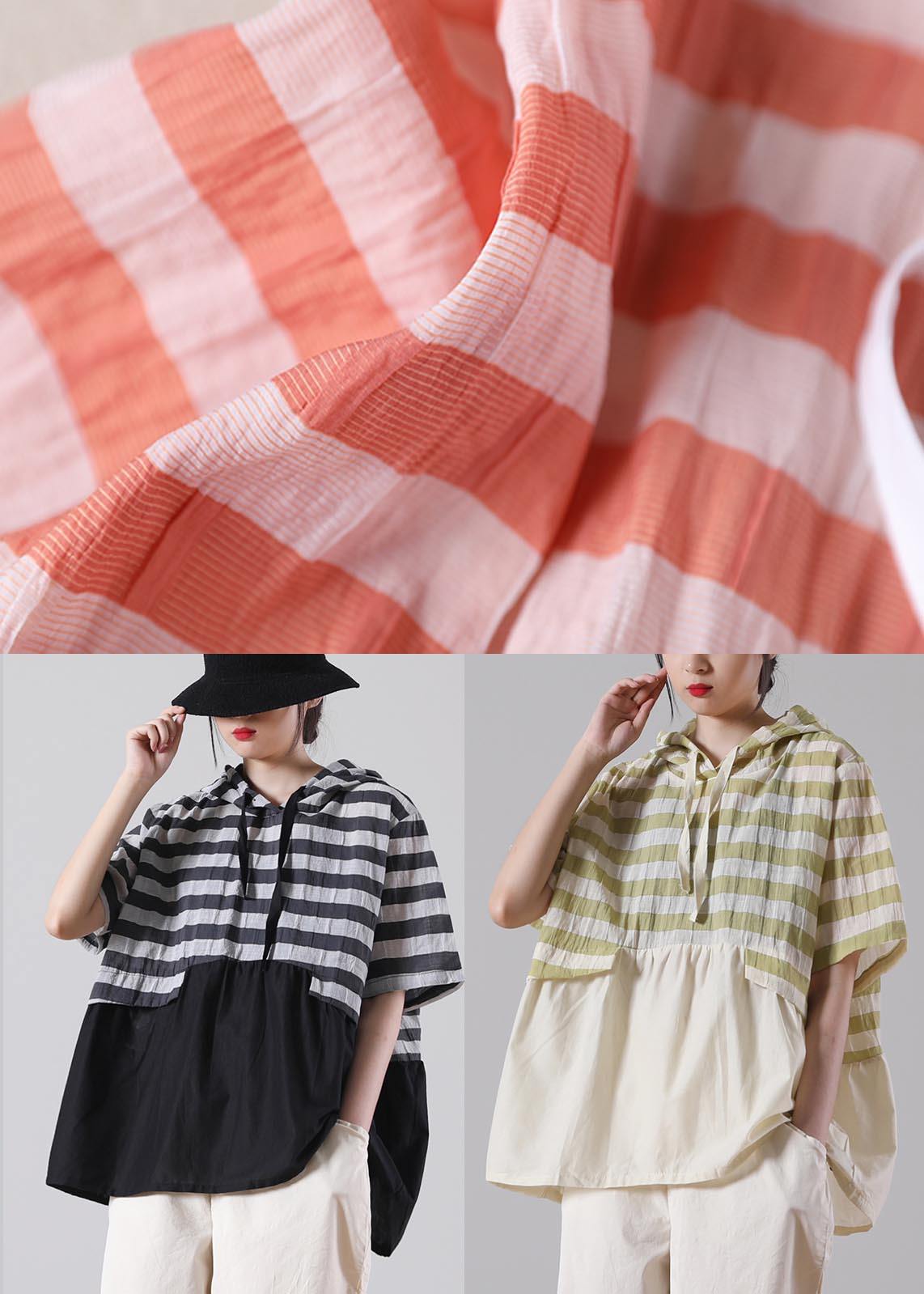 Women Black Striped Patchwork Cotton Linen Blouses Summer