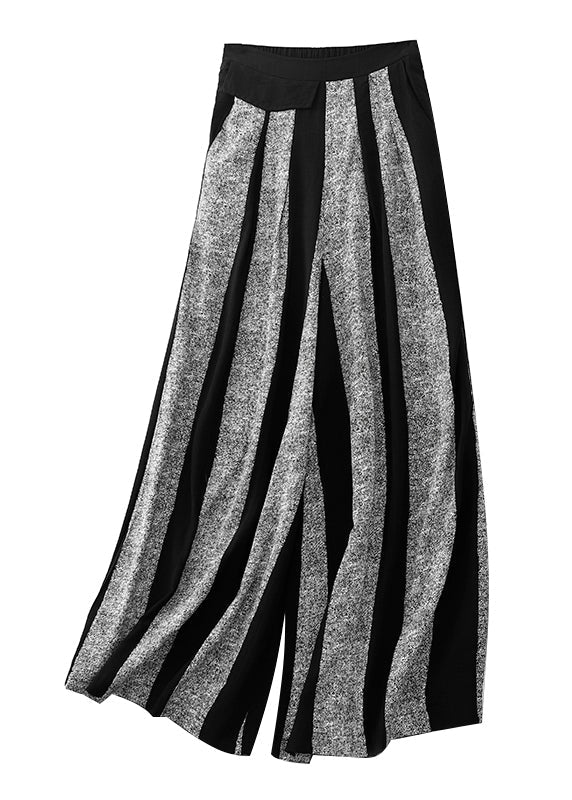 Women Black Striped Patchwork Cotton Wide Leg Pants Spring