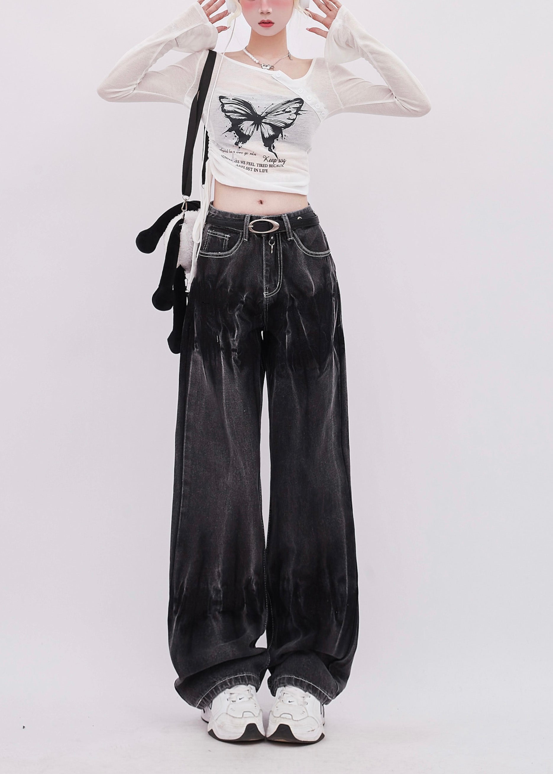 Women Black Tie Dye Denim Straight Pants Spring