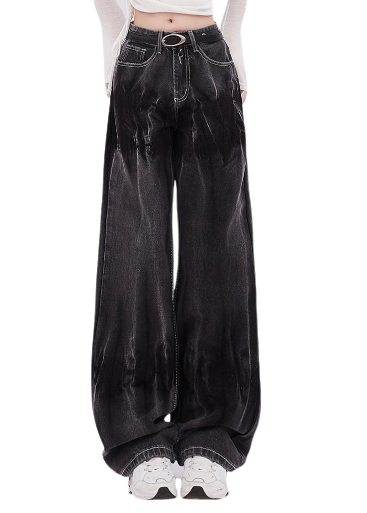 Women Black Tie Dye Denim Straight Pants Spring