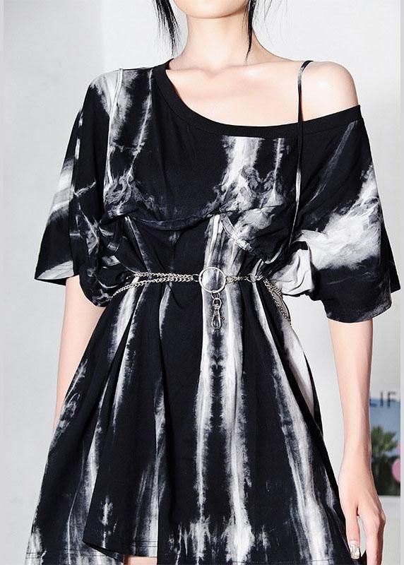 Women Black Tie Dye One Shoulder tie waist Shirt Tops Summer